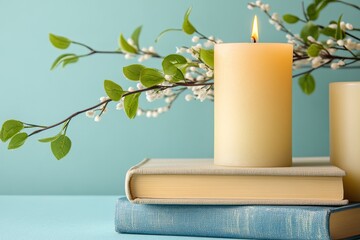 Soft light candle rests on books with sprigs.