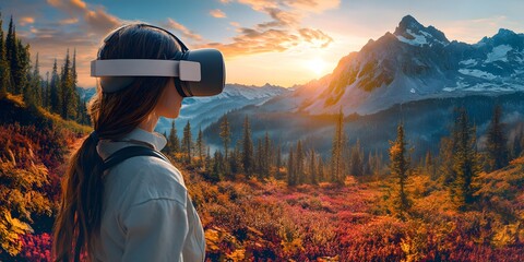 Person experiences virtual reality in a mountain landscape.