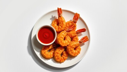 Delicious golden fried shrimp with crispy coating served on a white plate alongside a small bowl of red dipping sauce, minimalistic flat lay on a white background