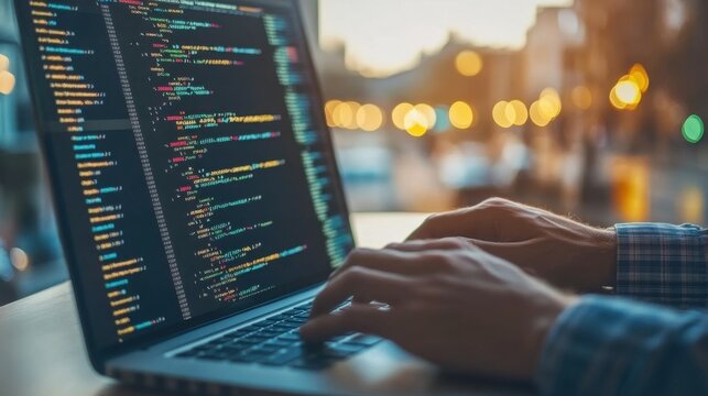 Laptop, screen and business man for coding, software development and programming script in cybersecurity. Night, computer research and programmer or IT person with html code, system or data analysis