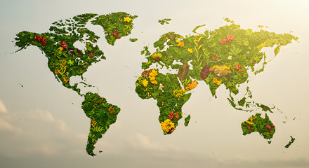 Obraz premium A world map made of leaves and flowers against a soft background of light and subtle cloud textures