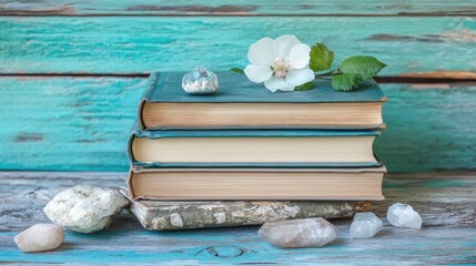 Teal-bound books rest on rustic wood with crystals and blossoms.