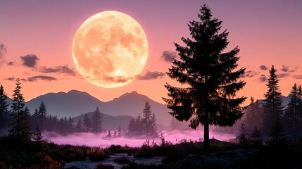 Giant Moon over Misty Mountains