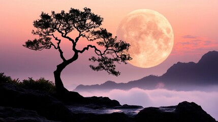 Serene Sunset, Moonlit Tree