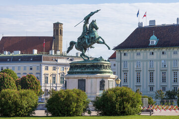 Monumental bronze equestrian statue of Archduke Karl of Austria, located at Heldenplatz in Vienna,...