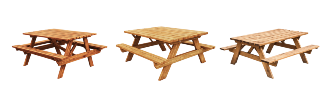wooden picnic tables in varying shades on transparent background