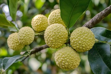 Karma or rounded lime fruits on a tree in a garden background with copy space, green banner for text, close-up. Tangible fruit of a curved lime plant on a nature background. Calamansi fruit on a branc