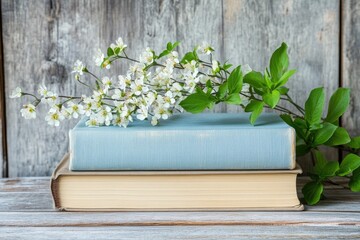 Vintage books adorned with delicate spring blossoms.