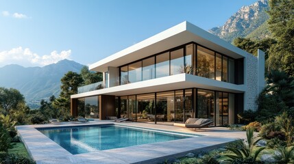 Fototapeta premium Modern Villa Architecture with Infinity Pool Overlooking Scenic Mountainscape