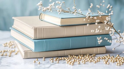 Stack of elegant, light-colored books with delicate floral accents.