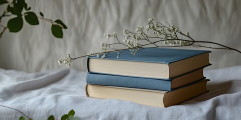 Stacked books with delicate flowers on a light cloth surface.