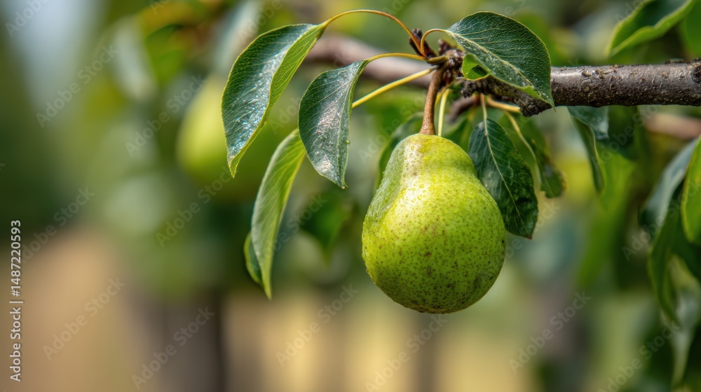 Poster a vibrant green pear hangs from a tree branch surrounded by lush leaves in a close-up shot capturing