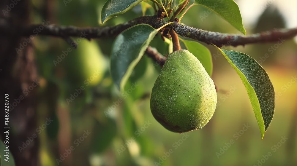 Poster close up shot of a single green pear fruit on a tree branch with leaves under the soft sunlight of t