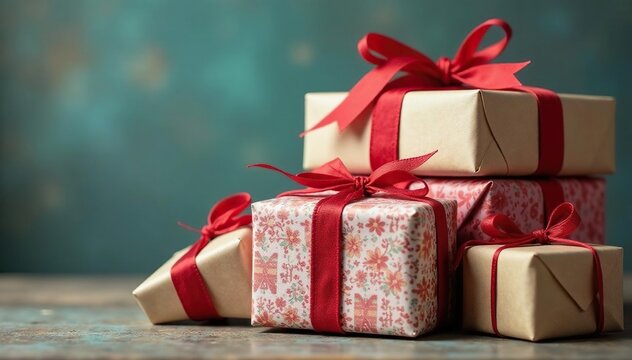 Assorted gift parcels stacked, tied with twine , background, variety