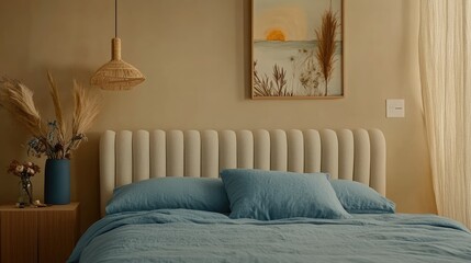 A cozy bedroom interior showcasing a calming color palette.