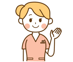 こちらと案内している看護師の女性のイラスト
