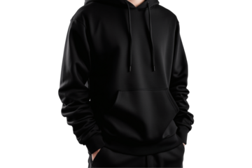 Black Hoodie Mockup with Front Pocket on Transparent Background