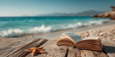 Seaside Literary Escape: An open book and starfish lie on a weathered wooden surface, inviting the viewer into a tranquil coastal scene of serenity. Ai image