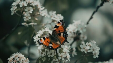 Butterfly on Spring Blossom Branch, Garden Background