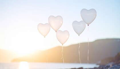 A warm atmosphere with translucent heart-shaped balloons floating in the sky