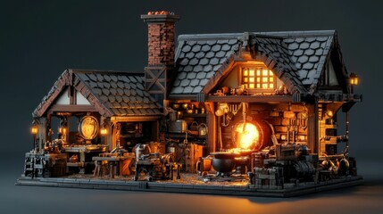 Illuminated medieval workshop; glowing forge, tools, and building.