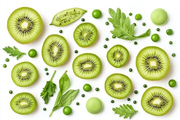 Fototapeta premium Fresh green kiwi slices, herbs, and peas, a vibrant healthy food arrangement.