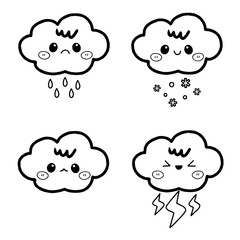 Cute Cloud Cartoon Character set Hand Drawn Outline