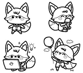 Cute Fox Cartoon Character Set Hand Drawn Outline