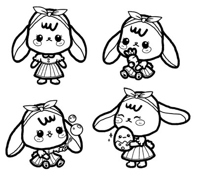 Cute Bunny Cartoon Character Set Hand Drawn Outline