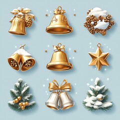 3D rendered Christmas icons set featuring golden bells