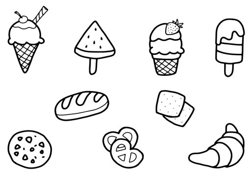 Bakery and Ice cream set Hand Drawn Outline
