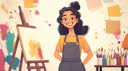 Cheerful Artist with Painted Canvas and Brushes