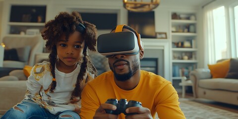 Family enjoying virtual reality experience at home.