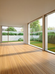 Obraz premium Bright Spacious Modern Living Room with Floor-to-Ceiling Windows and Natural Light Overlooking Garden
