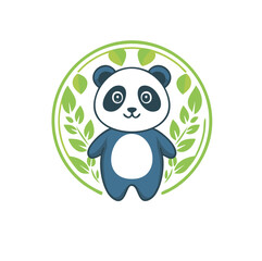 Adorable panda bear in green leaves circle logo