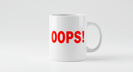 A white mug with the word oops in red letters on a white background in a studio setting light