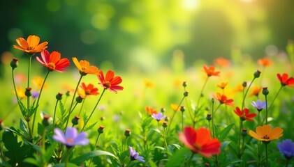 Vibrant wildflowers in lush green meadow, sunlit , leaf, countryside, vibrant colors