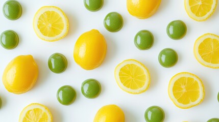 Fresh lemon slices and green gummy candies arranged on a white surface.