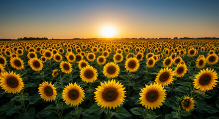 Fototapeta premium Endless Sunflower Field at Sunset, Golden Horizon Landscape Concept