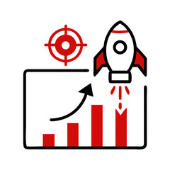 Rocket launch next to red upward bar chart and target icon