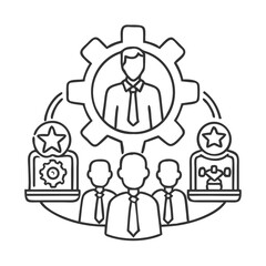 Business strategy icon with gears, leader, and charts in outline style