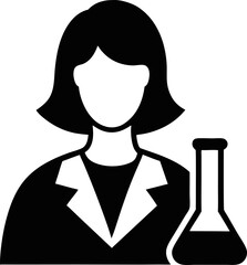 Woman Scientist in white lab coat examining red liquid in test tube, flat vector illustration