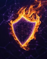 Digital shield symbol with flames representing protection, safety, and cybersecurity in modern technology background