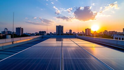 Urban Sunset: Solar Panels on Rooftop Reflecting Golden Hour