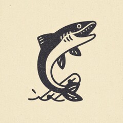 Fototapeta premium Black and white graphic illustration of a jumping fish with open mouth and visible teeth on a beige background perfect for design elements and print projects.