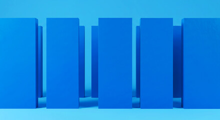 A series of blue rectangular blocks arranged in a row on a matching blue surface and background