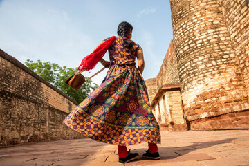 Tourist walking on the historical Mehrangarh fort, Jodhpur, India.