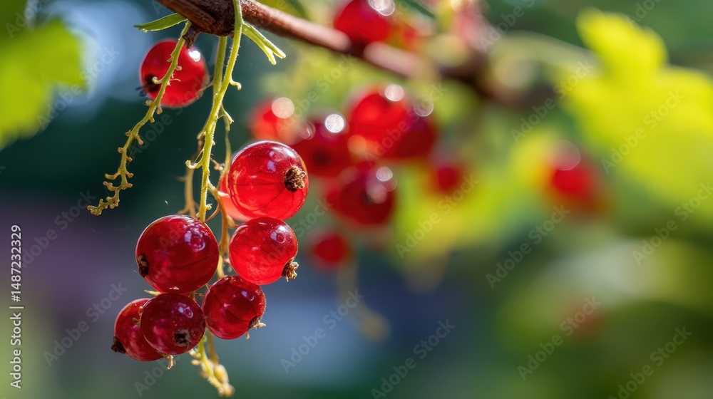 Poster close up shot of red currants with a focus on the vibrant berries in a garden setting capturing natu
