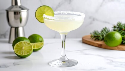 Fototapeta premium Frozen margarita cocktail with lime wedge and salt rim on marble background