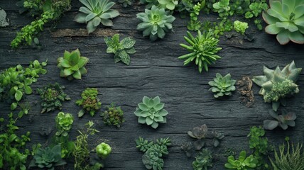 Overhead View of Various Small Succulents and Cacti on Dark Wood